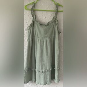 Molly Green sage mini baby doll dress, ruffle straps, open tie back, layered; L